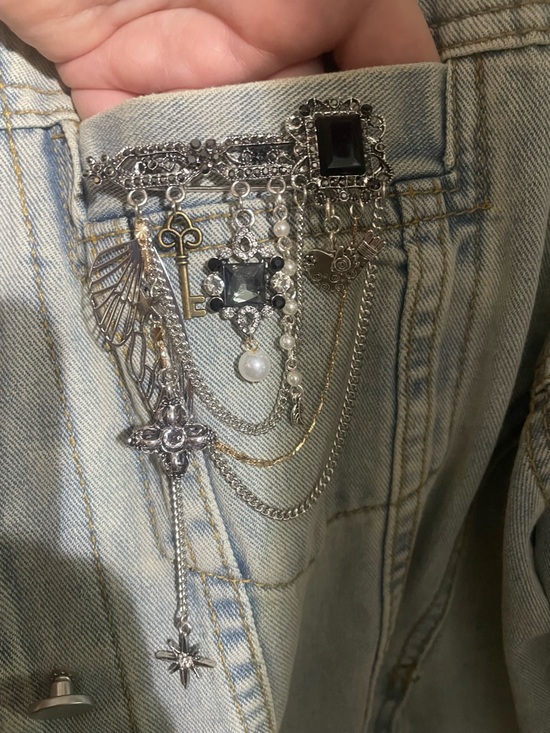 Artisan Jewelry - Multi-Chain Brooch Pin with Charms and Gems